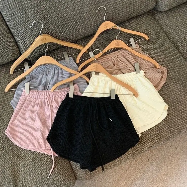 Women Black Waffle High Waist Shorts 2022 — feature 17