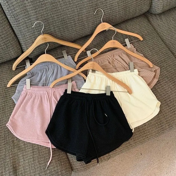 Women Black Waffle High Waist Shorts 2022 — feature 19