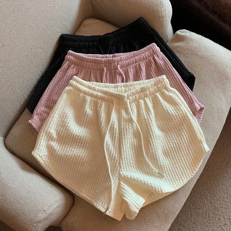 Women Black Waffle High Waist Shorts 2022 — feature 2