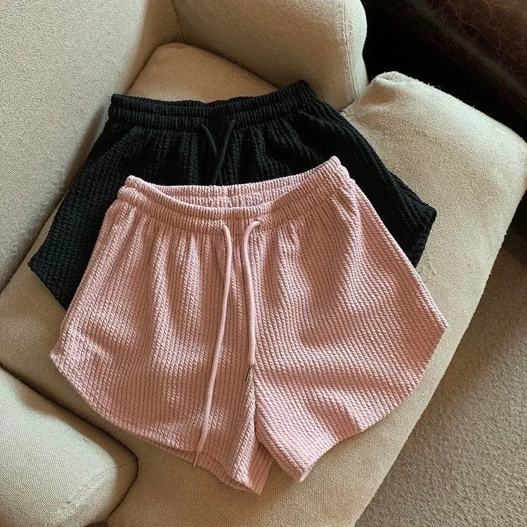 Women Black Waffle High Waist Shorts 2022 — feature 22