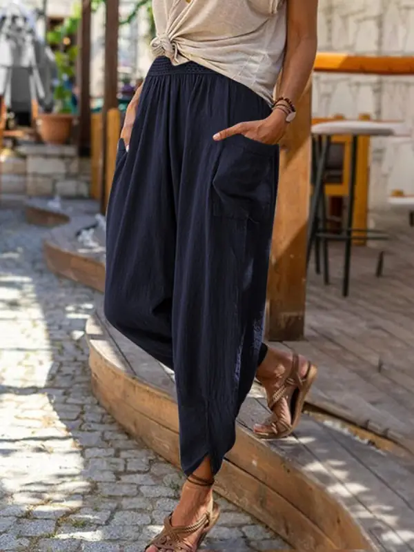 Women Wide Leg Cotton Linen Pants Summer Casual Beach Wear