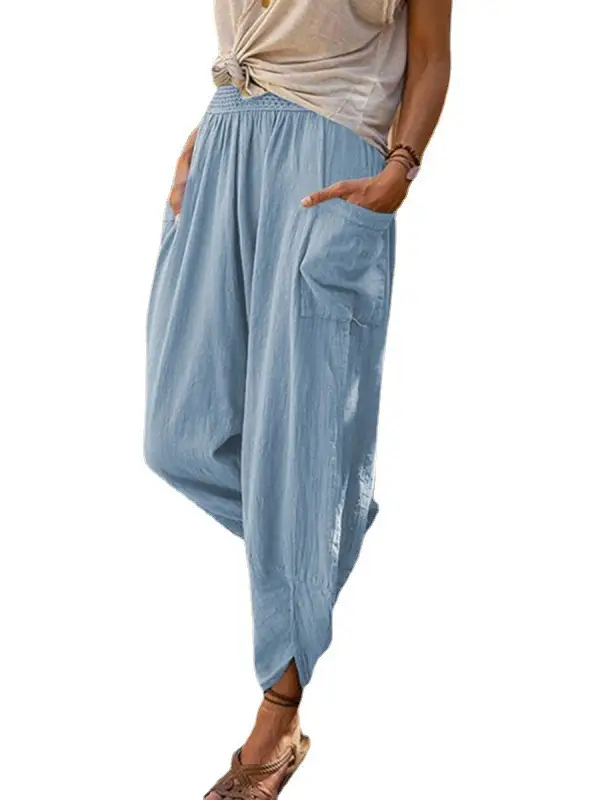 Women Wide Leg Cotton Linen Pants Summer Casual Beach Wear