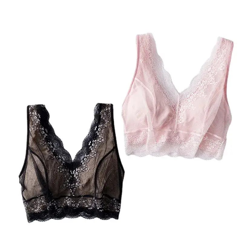 Wire-Free Lace Edge Sports Bra Set Pink Black - Image 8