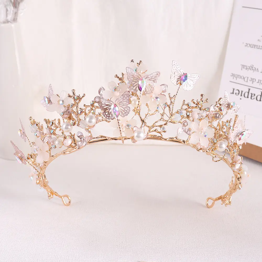 Golden Butterfly Flower Crown Tiara for Weddings