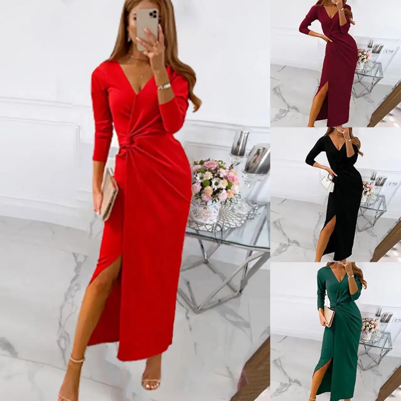 2023 Green Long Dress with V-Neck & Side Slit - Image 5
