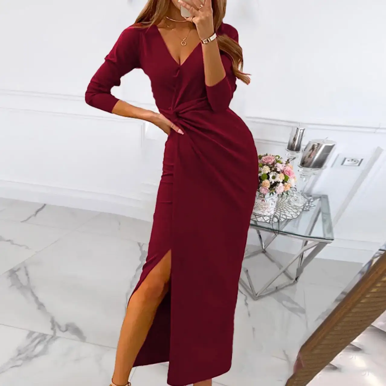 2023 Green Long Dress with V-Neck & Side Slit - Image 7
