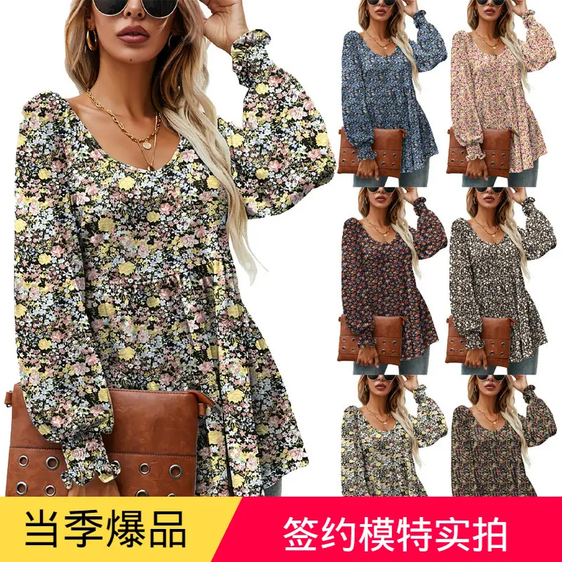 Women Printed Bubble Top T-Shirt Blue Floral Long Sleeve - Image 7