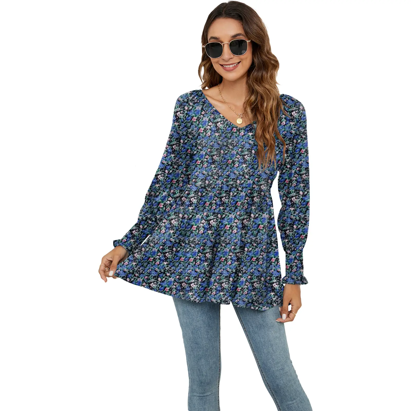 Women Printed Bubble Top T-Shirt Blue Floral Long Sleeve - Image 11
