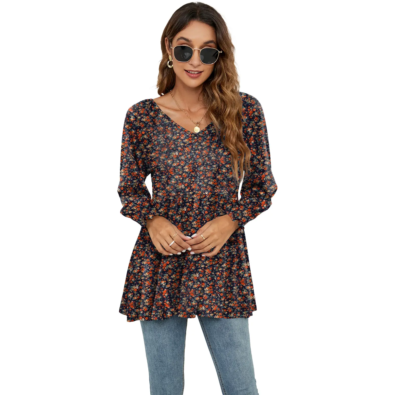 Women Printed Bubble Top T-Shirt Blue Floral Long Sleeve - Image 2