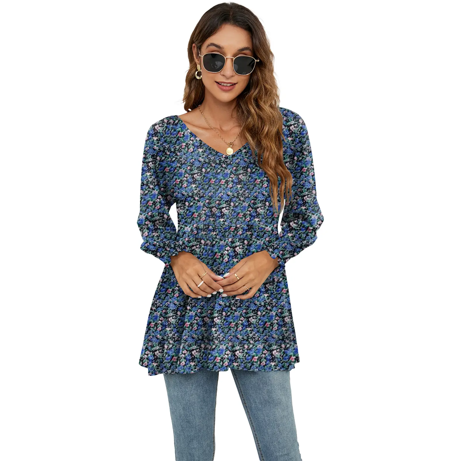Women Printed Bubble Top T-Shirt Blue Floral Long Sleeve - Image 3