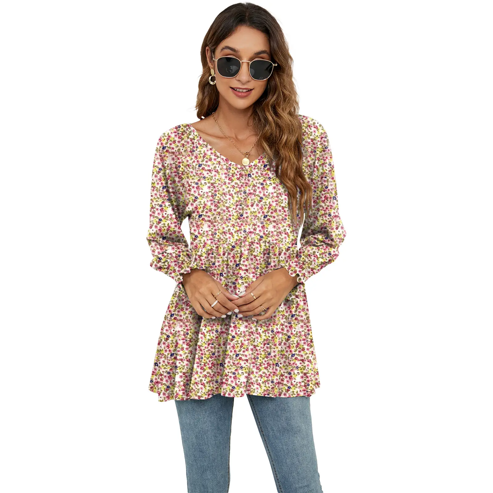 Women Printed Bubble Top T-Shirt Blue Floral Long Sleeve - Image 4
