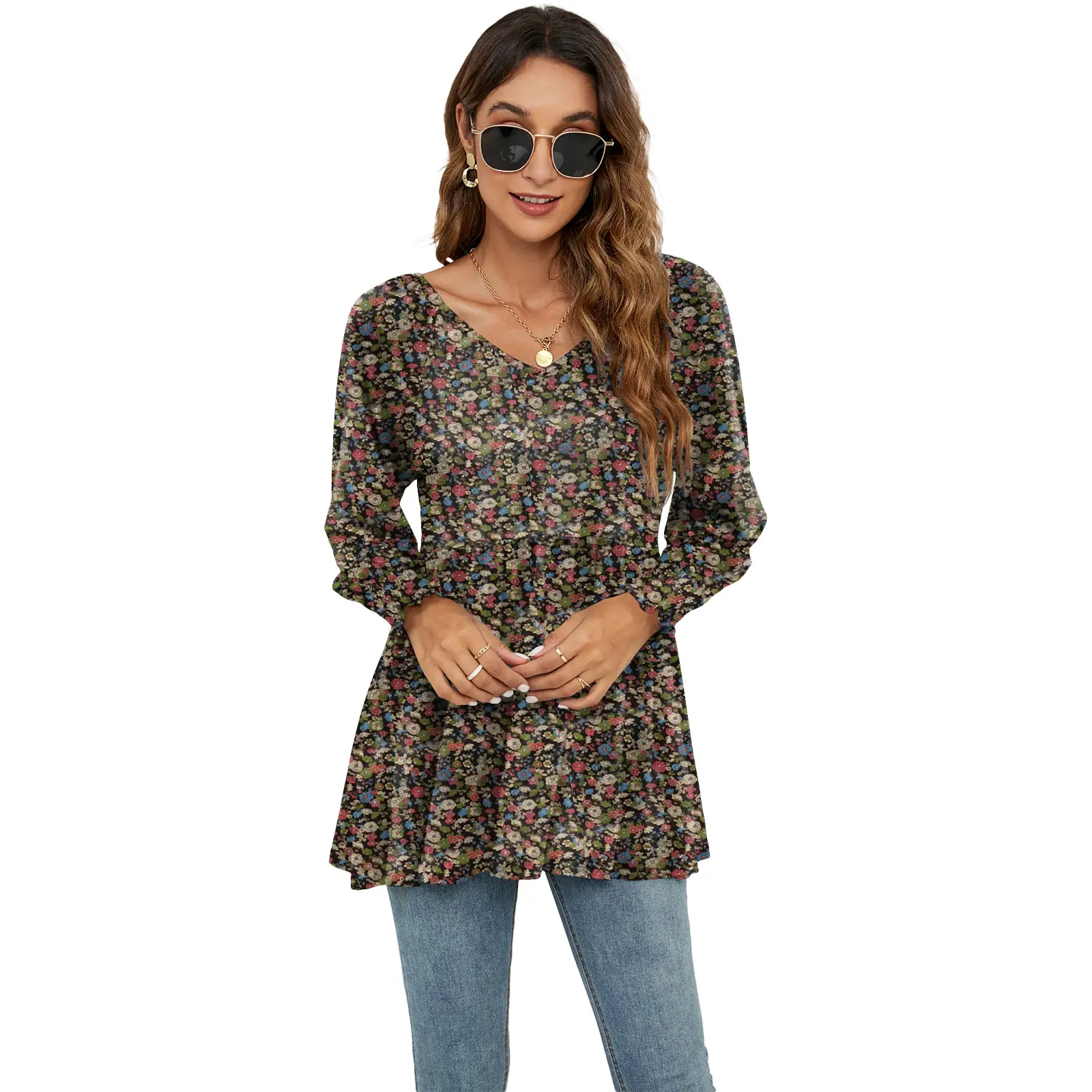 Women Printed Bubble Top T-Shirt Blue Floral Long Sleeve - Image 5