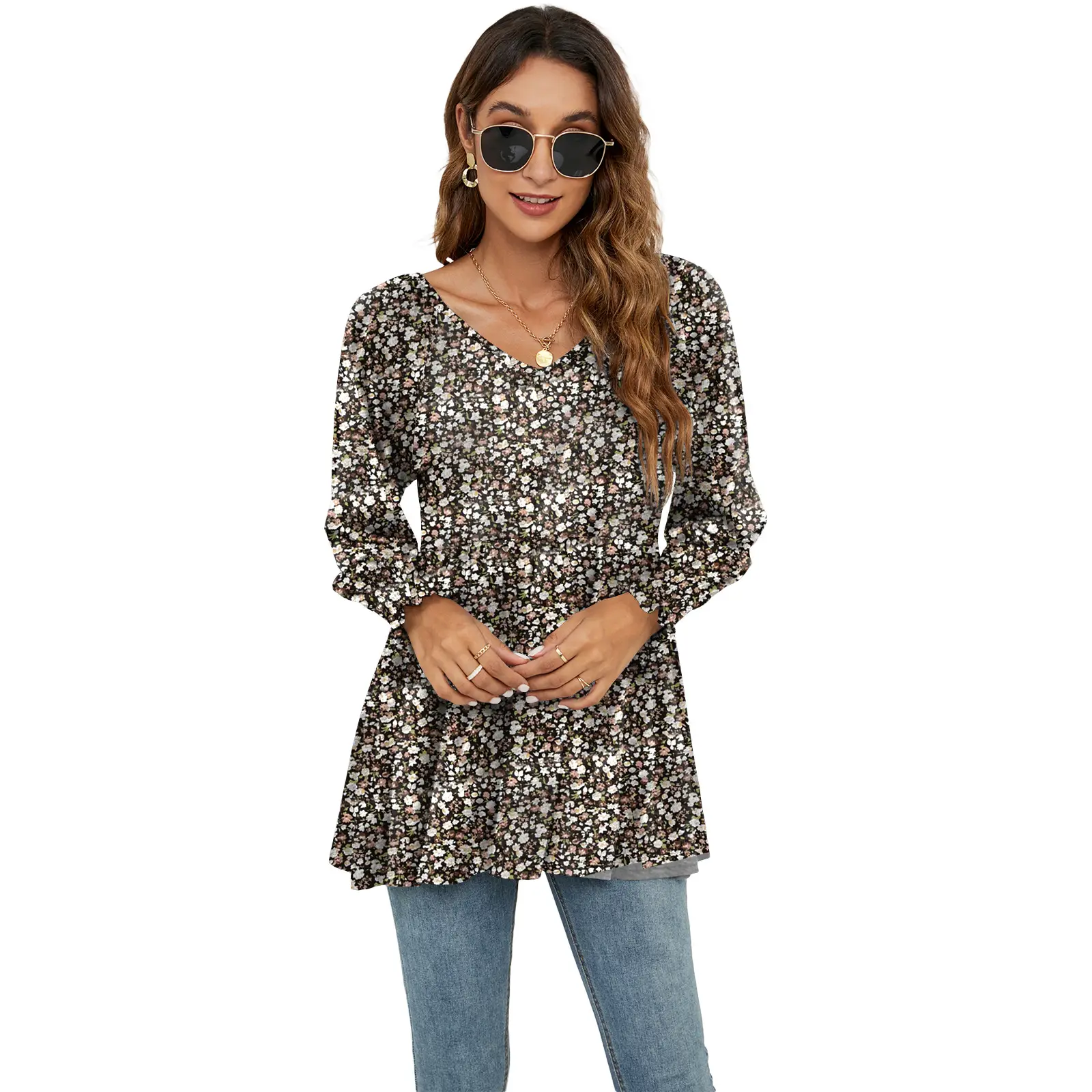 Women Printed Bubble Top T-Shirt Blue Floral Long Sleeve - Image 6