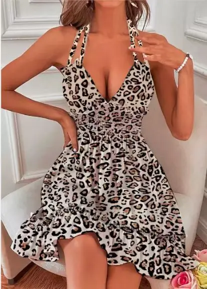 Women Leopard Print Deep V Dress with Ruffles — feature 19