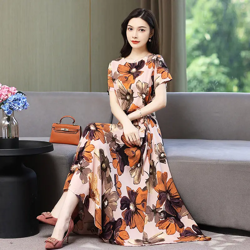 2025 Cotton Silk Floral Skirt Dress for Women 40+