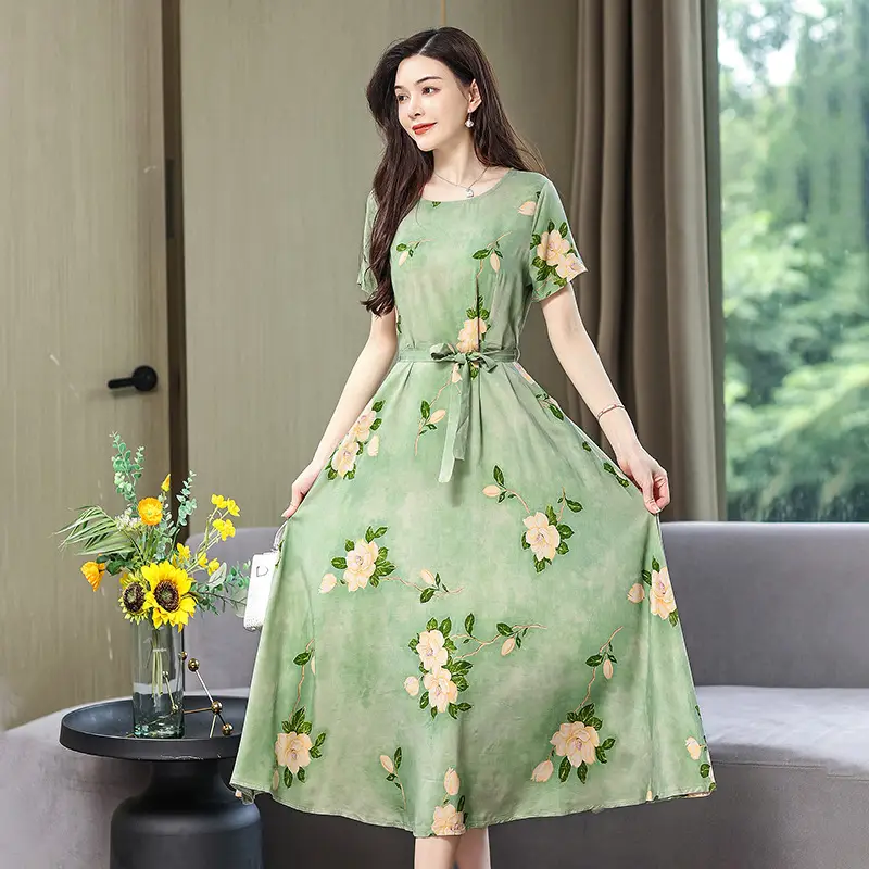 2025 Cotton Silk Floral Skirt Dress for Women 40+