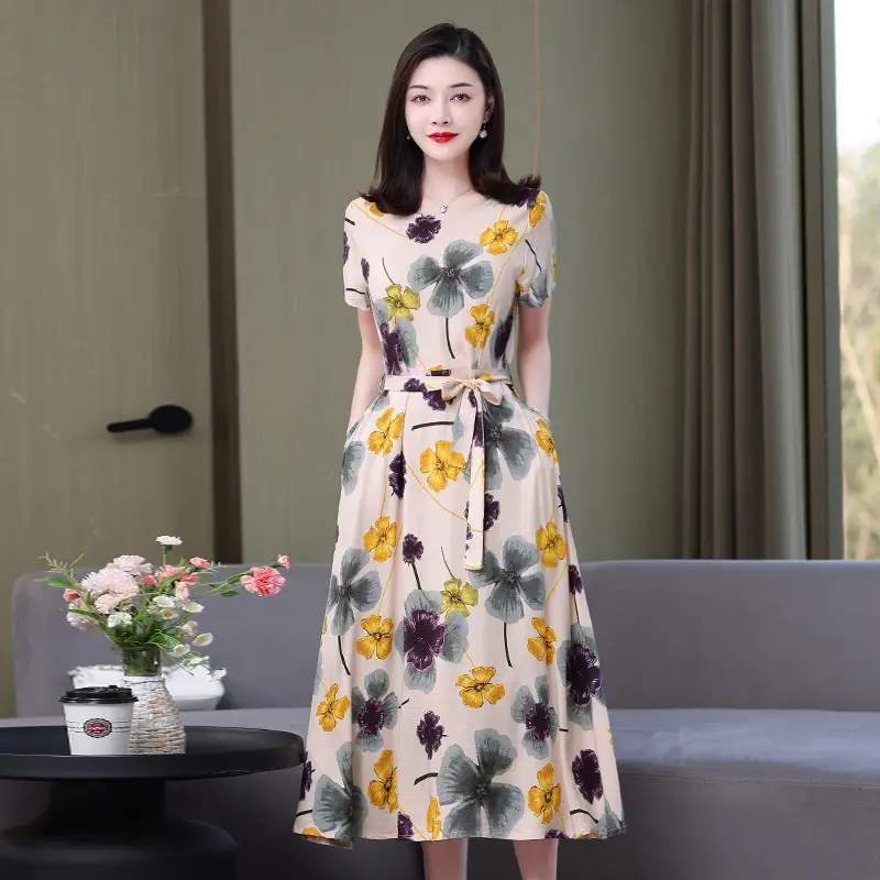 2025 Cotton Silk Floral Skirt Dress for Women 40+