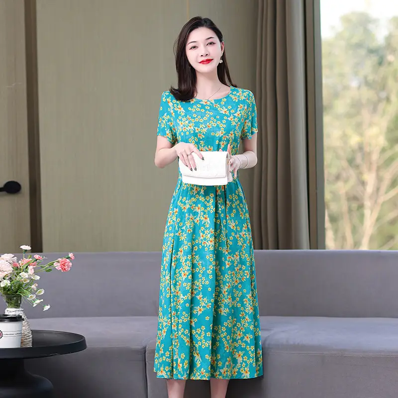 2025 Cotton Silk Floral Skirt Dress for Women 40+