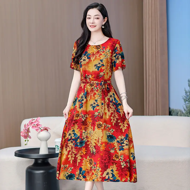 2025 Cotton Silk Floral Skirt Dress for Women 40+