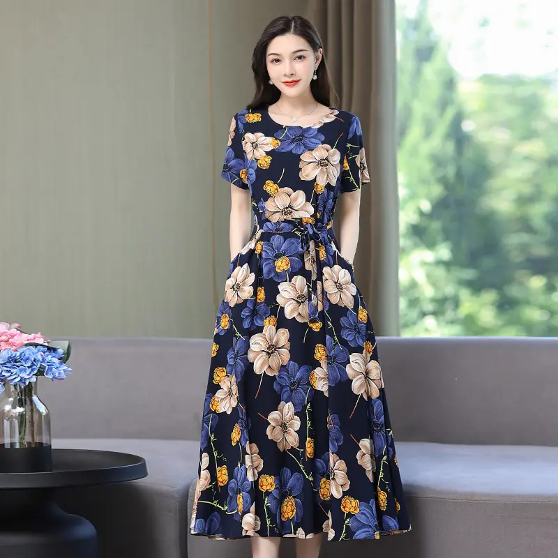 2025 Cotton Silk Floral Skirt Dress for Women 40+