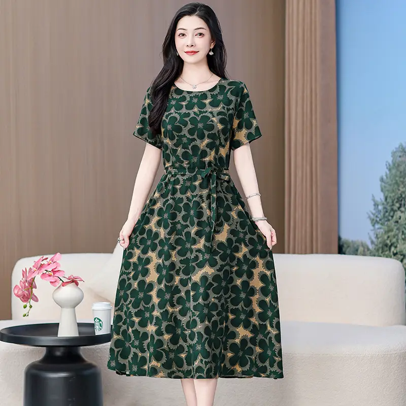 2025 Cotton Silk Floral Skirt Dress for Women 40+