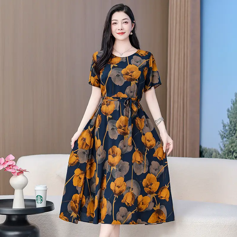 2025 Cotton Silk Floral Skirt Dress for Women 40+