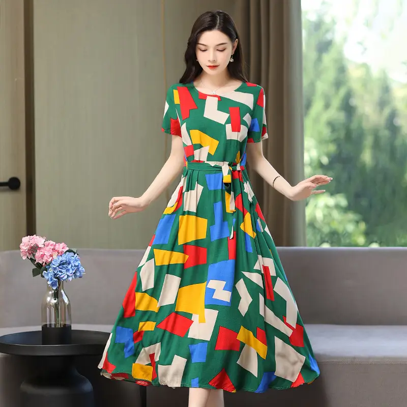 2025 Cotton Silk Floral Skirt Dress for Women 40+
