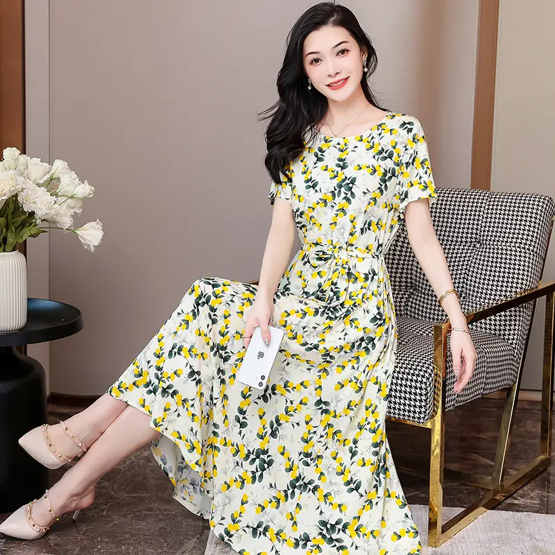2025 Cotton Silk Floral Skirt Dress for Women 40+