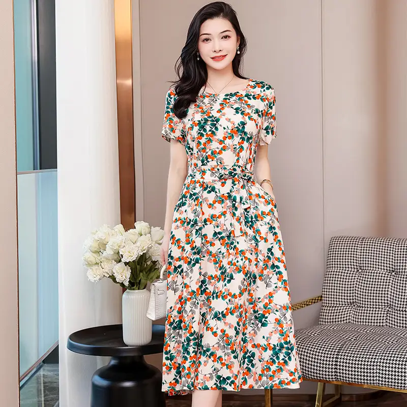 2025 Cotton Silk Floral Skirt Dress for Women 40+