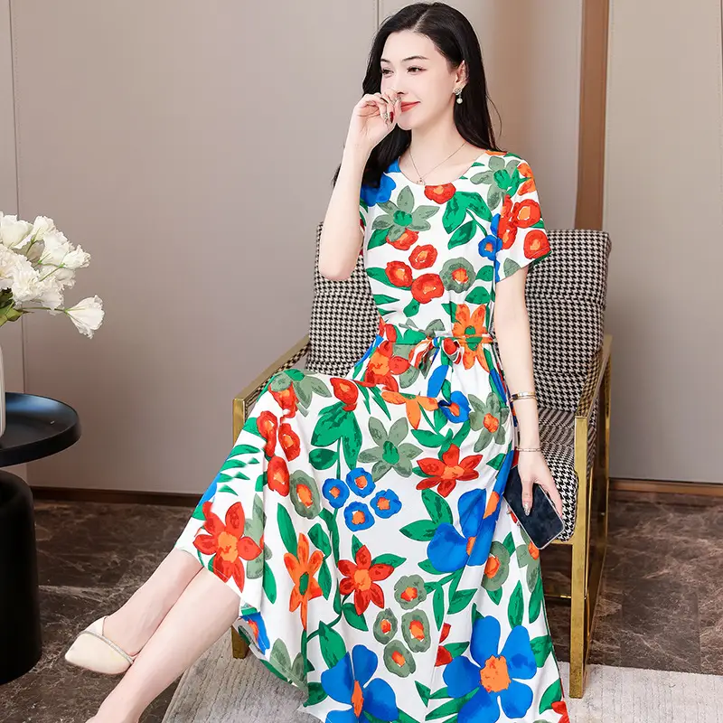 2025 Cotton Silk Floral Skirt Dress for Women 40+