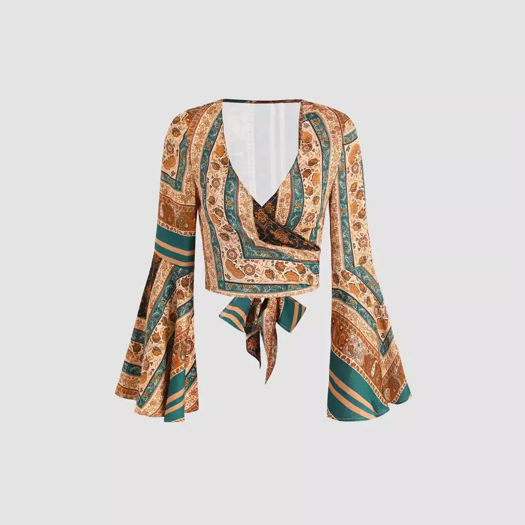 Long Sleeve Printed Women's Top with Ties