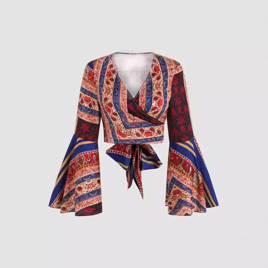 Long Sleeve Printed Women's Top with Ties