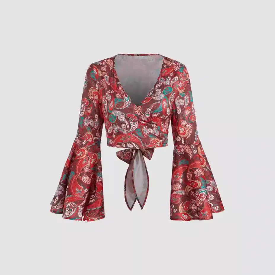 Long Sleeve Printed Women's Top with Ties