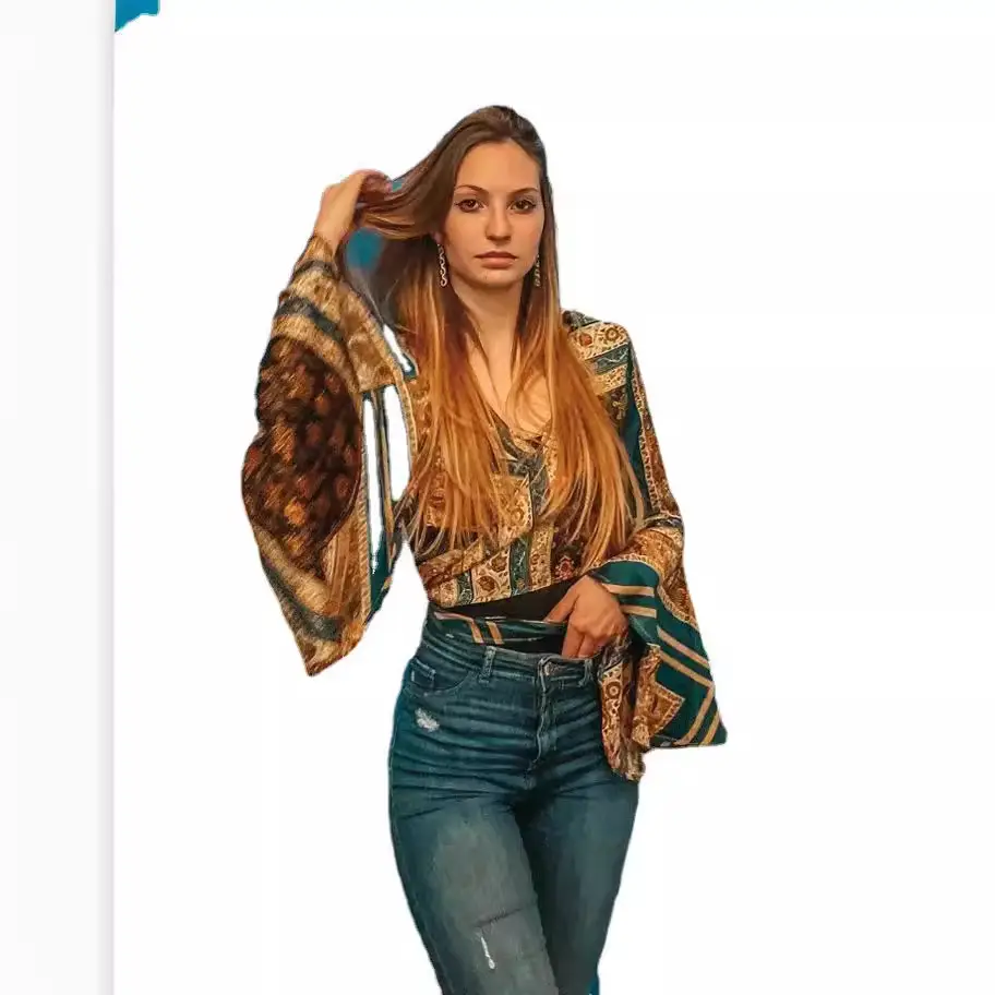 Long Sleeve Printed Women's Top with Ties