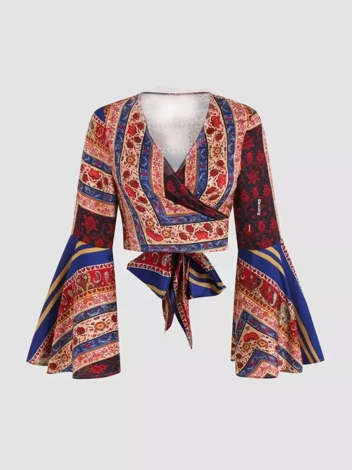 Long Sleeve Printed Women's Top with Ties