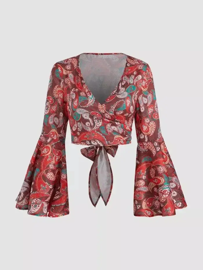 Long Sleeve Printed Women's Top with Ties