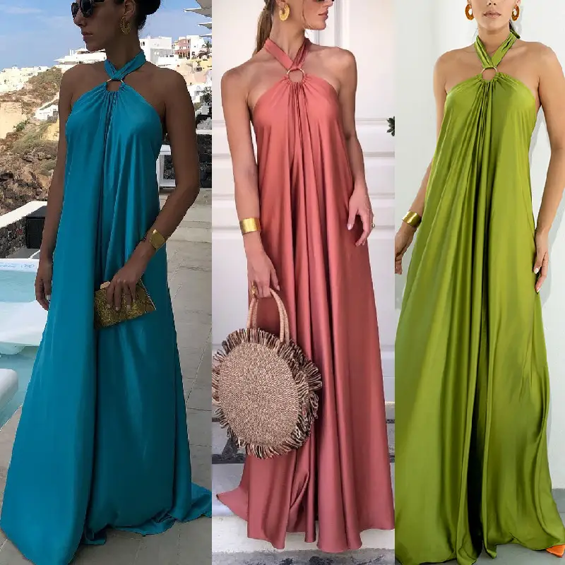 Satin Long Swing Dress Turquoise Party Wear - Image 4