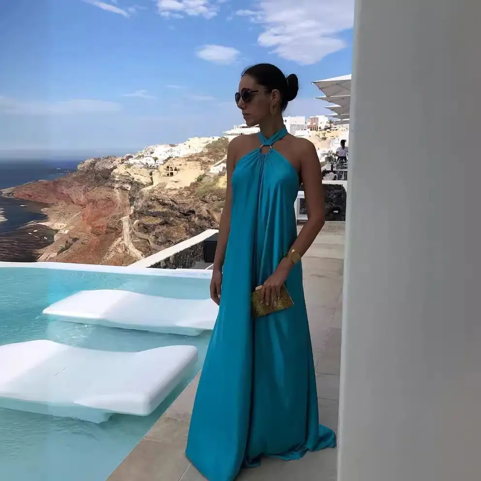 Satin Long Swing Dress Turquoise Party Wear - Image 5