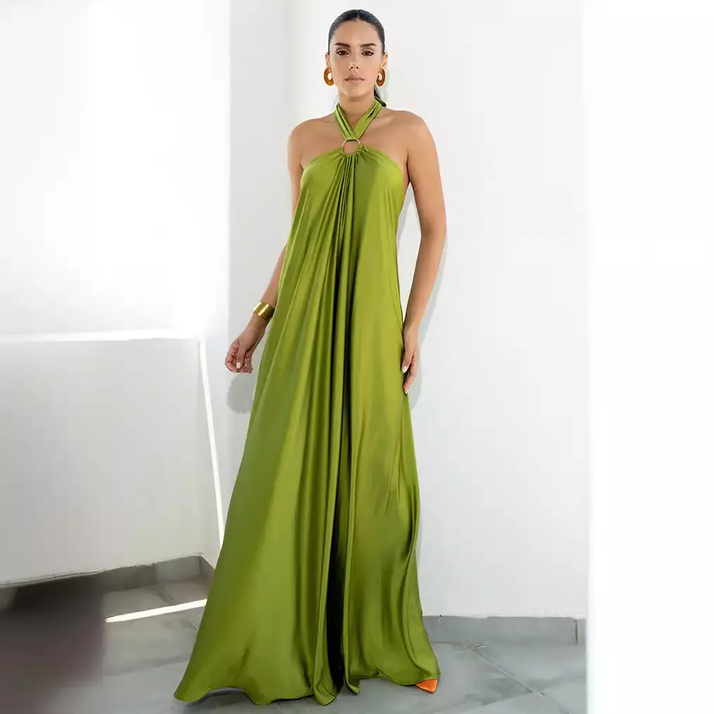 Satin Long Swing Dress Turquoise Party Wear - Image 6