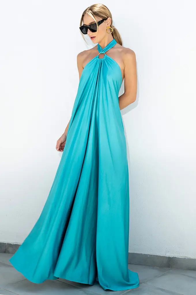Satin Long Swing Dress Turquoise Party Wear — feature 4