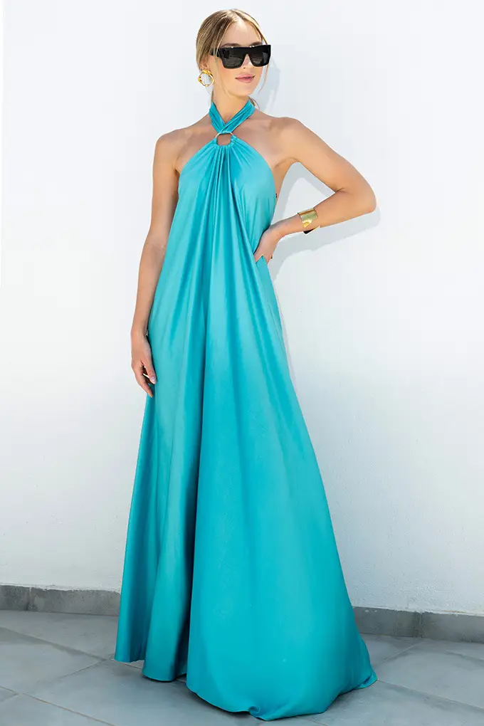 Satin Long Swing Dress Turquoise Party Wear — feature 5