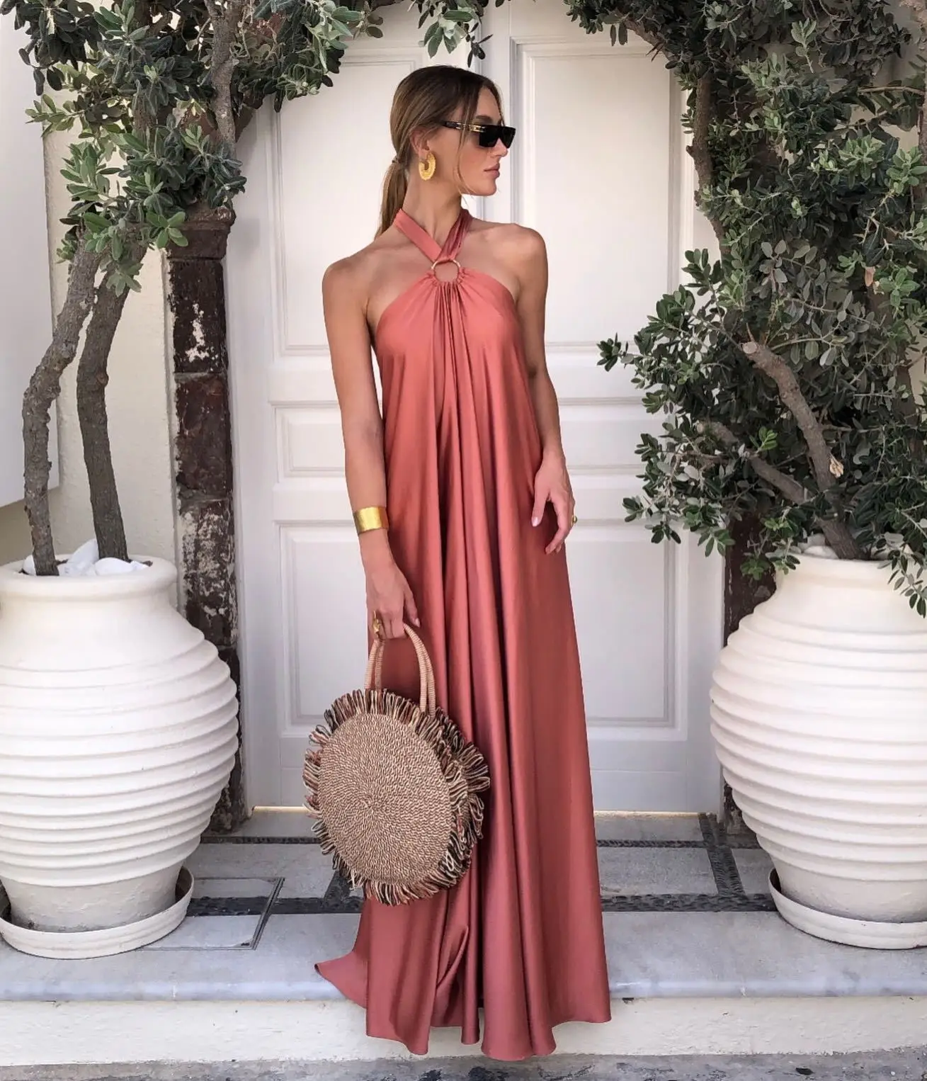 Satin Long Swing Dress Turquoise Party Wear - Image 2