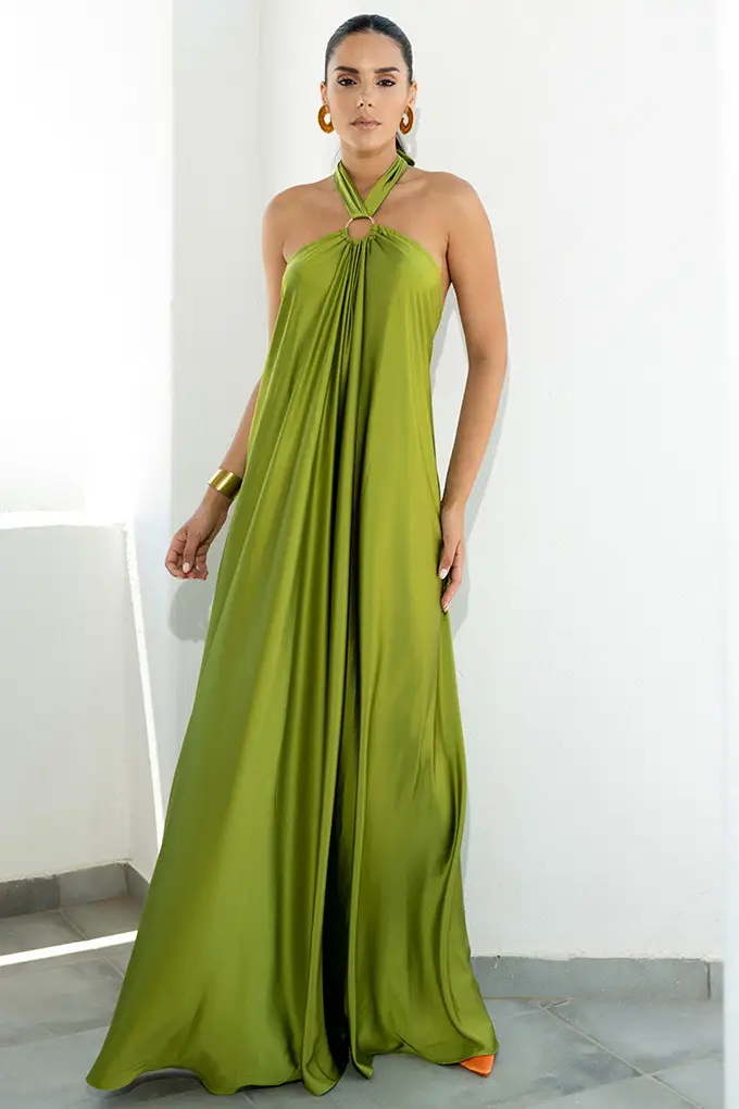 Satin Long Swing Dress Turquoise Party Wear - Image 3