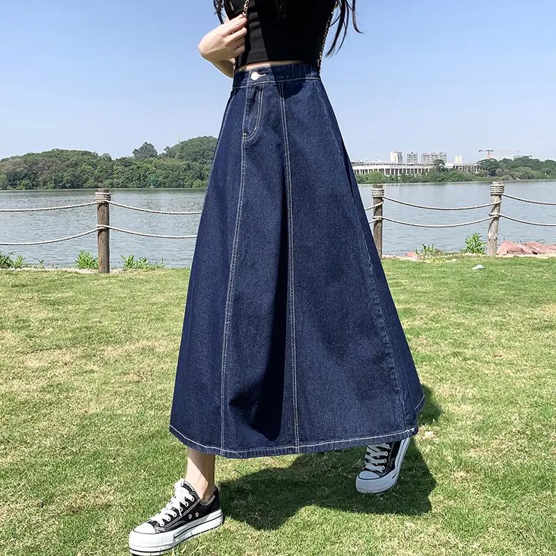 Women's Long Denim Pleated Skirt Mid-Waist A-Line 2025 - Image 5