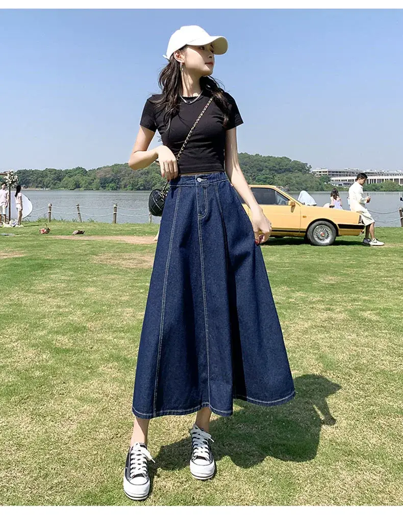 Women's Long Denim Pleated Skirt Mid-Waist A-Line 2025 — feature 10