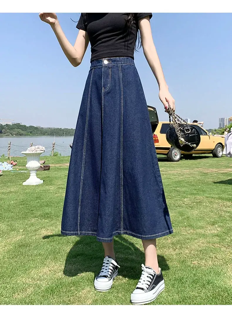 Women's Long Denim Pleated Skirt Mid-Waist A-Line 2025 — feature 11
