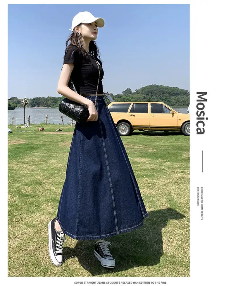 Women's Long Denim Pleated Skirt Mid-Waist A-Line 2025 — feature 12