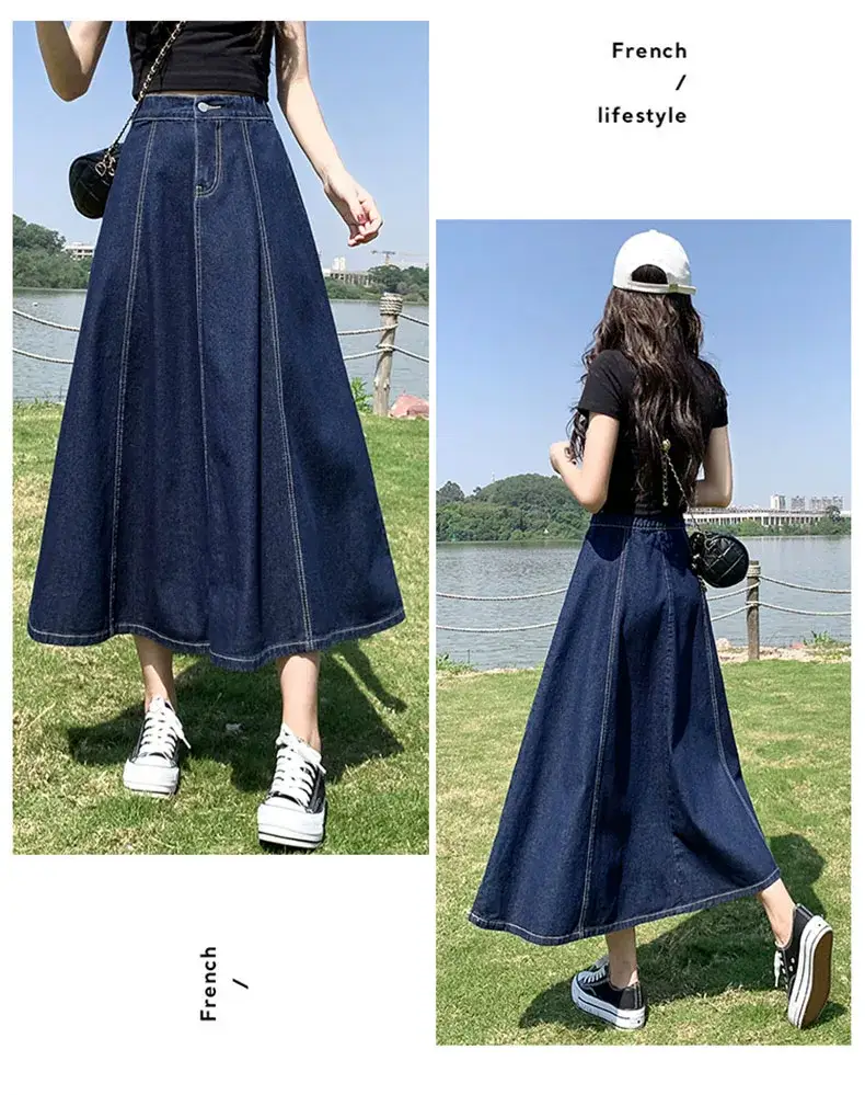 Women's Long Denim Pleated Skirt Mid-Waist A-Line 2025 — feature 13
