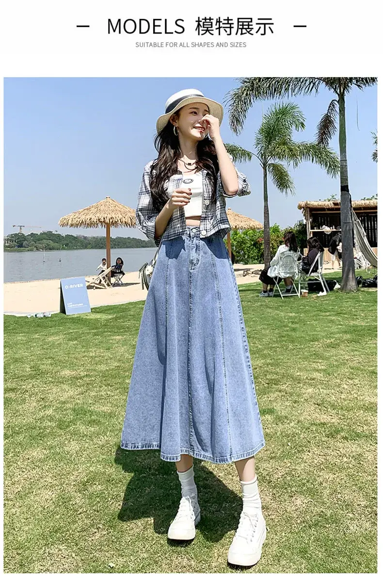 Women's Long Denim Pleated Skirt Mid-Waist A-Line 2025 — feature 4