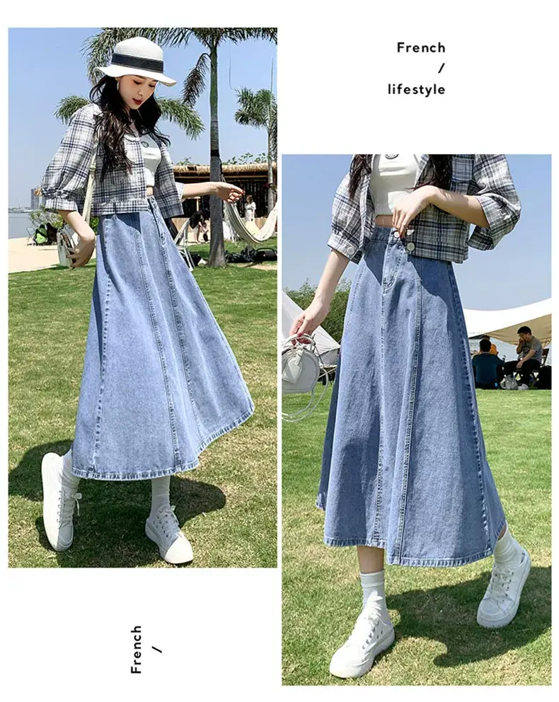 Women's Long Denim Pleated Skirt Mid-Waist A-Line 2025 — feature 5